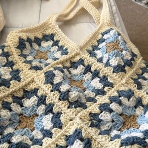 Crochet Tote Bag in Blue and Cream